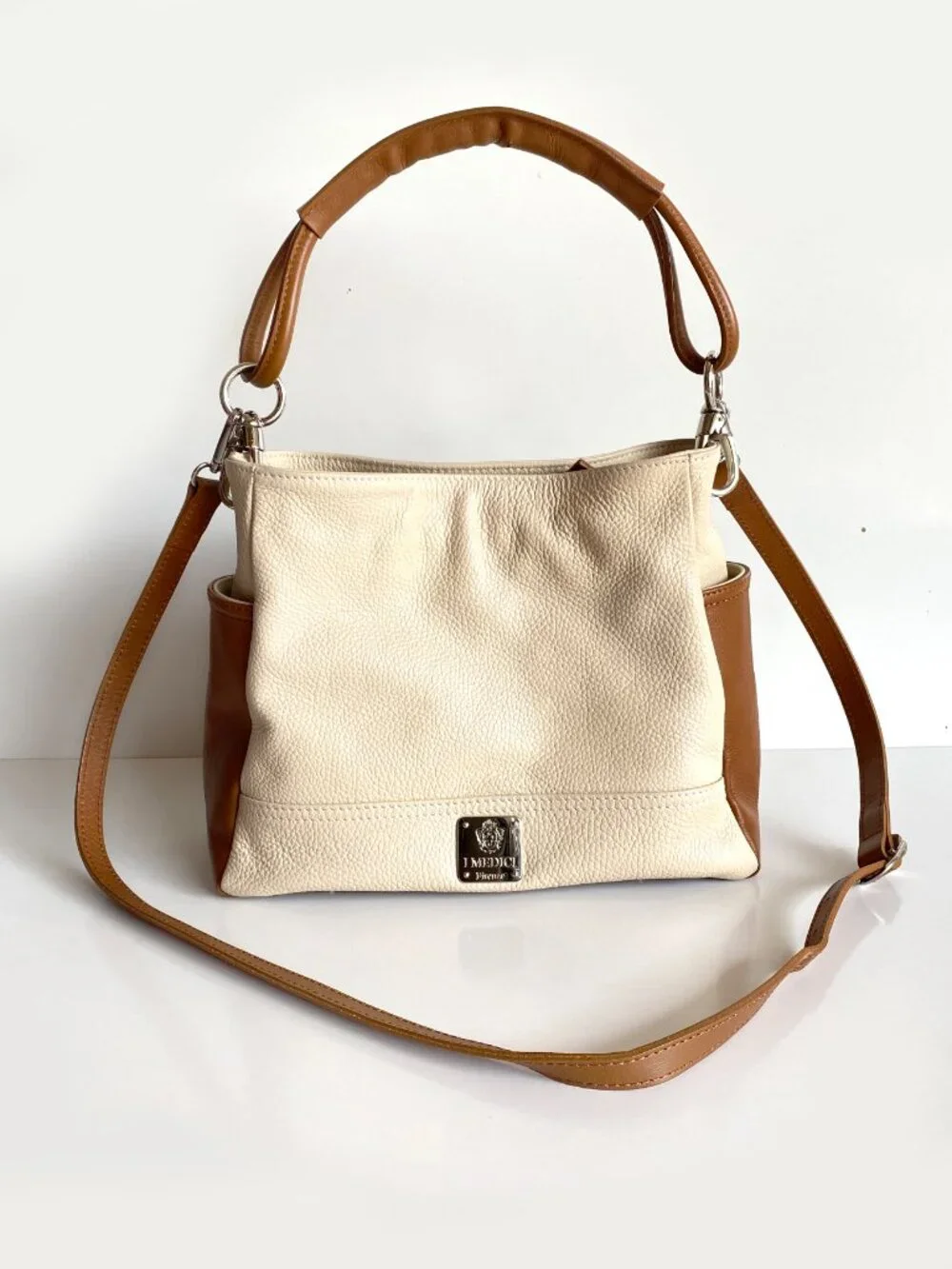 I Medici Firenze Leather Ivory Brown Convertible Hobo Shoulder Bag Made in Italy